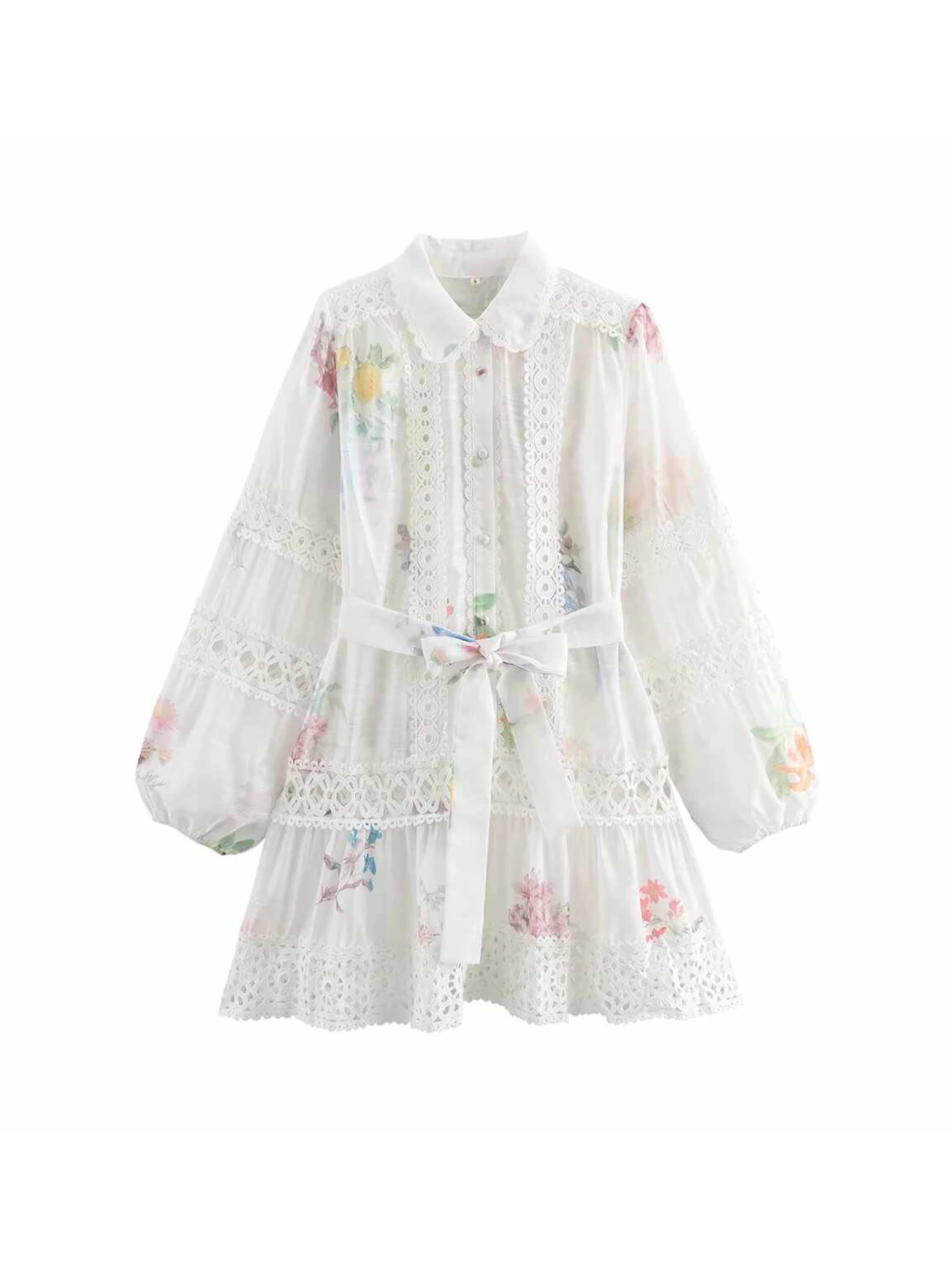 여성용 화이트 플라워 프린트 드레스 빈티지 레이스 패치워크 롱 슬리브 이브닝 드레스 Y2K 생일 파티 원피스 드레스 2025