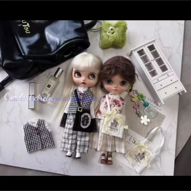 4pcs autumn shirt+plaid pants (or plaid skirt) +vest +small bag for landoudou/Blythe(Fit for Lulu,ymy24,Ob22,24,26,zone, Jenny)