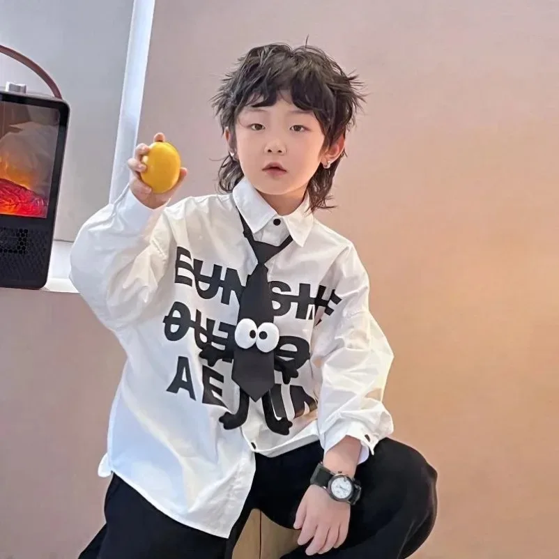 

Gentlemen Cotton Tops T-shirt Kids Clothing Shirts Letter Children's Shirt Tie Long Sleeve Baby Academy Style Teen Boy Outerwear