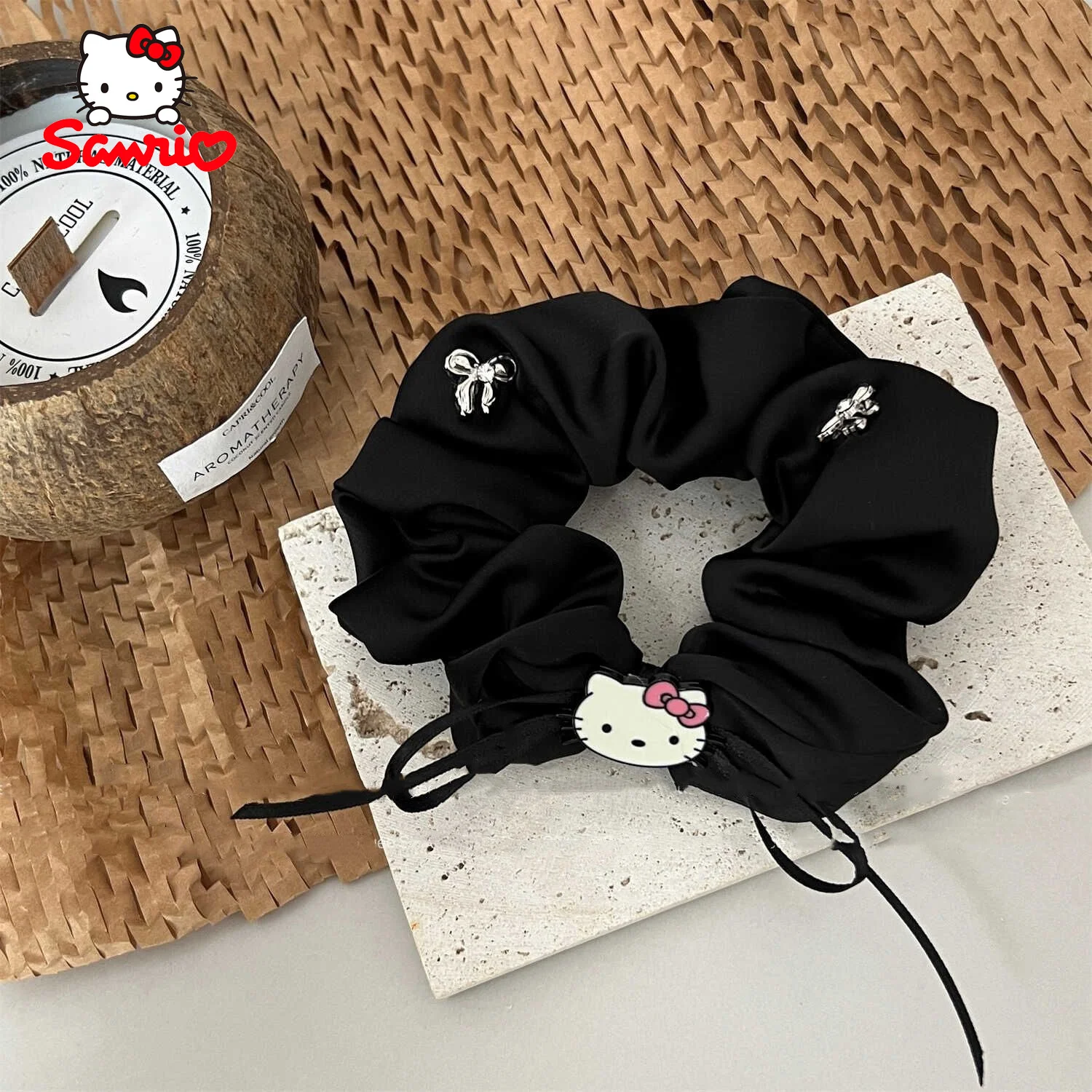 Hello Kitty-Cerceau de cheveux de chat de gros intestin pour femme, bande de sauna de queue de cheval de dessin animé mignon, bande de caoutchouc, accessoire de cheveux, cadeau d'anniversaire