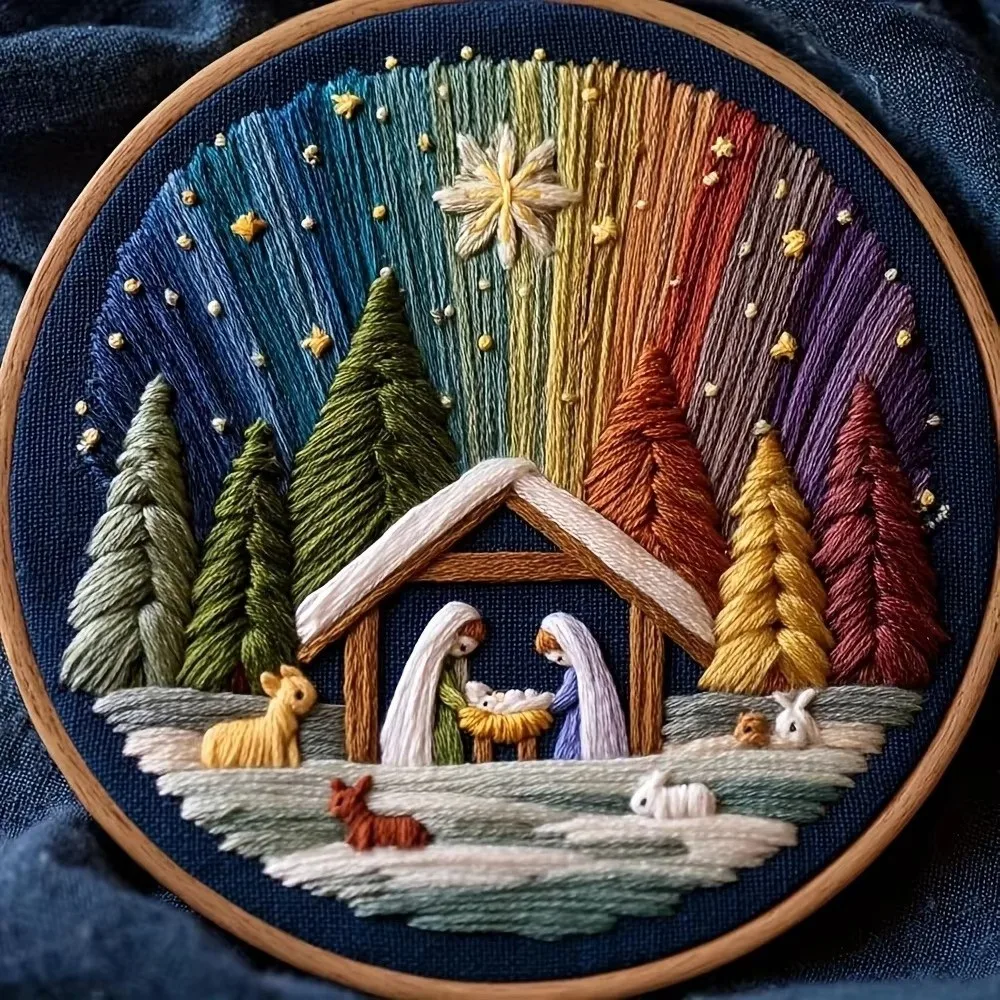 DIY Material Nativity Embroidery Set Pre-printed Pattern on Cloth with EN Instructions, Thread Christmas Embroidery Kit