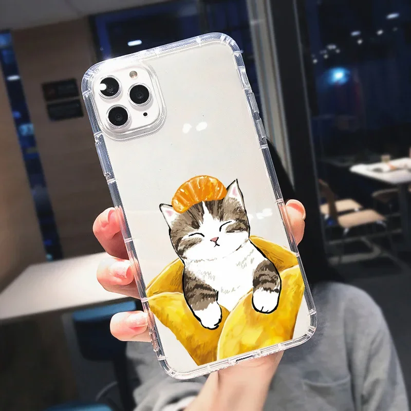 Funny Animal Cartoon Cute Cat Food Phone Case for iPhone 11 12 13 14 15 Pro Max 8 Plus Mini XS XR SE Transparent Soft Back Cover