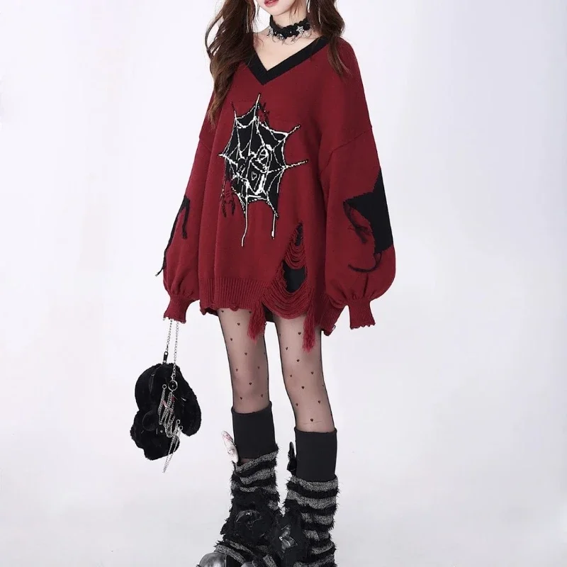 Deeptown Gothic Y2k Trui Vrouwen Harajuku Vintage Punk Lange Mouw Gebreide Trui Grunge Mode Streetwear Oversize Truien