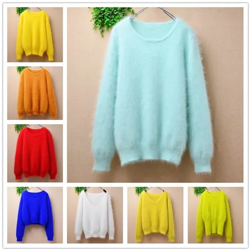 

Элегантная модная женская осенне-зимняя одежда, волосатый плюшевый норковый кашемировый трикотаж с круглым вырезом, тонкие блузки, пуловер, джемпер, свитер