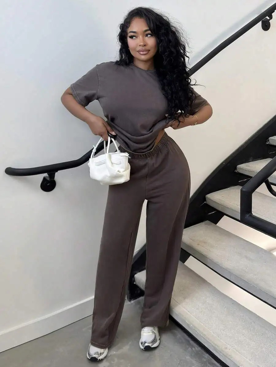 

Casual Crew Neck Short Sleeve Top And Straight Leg Loose Pants Set