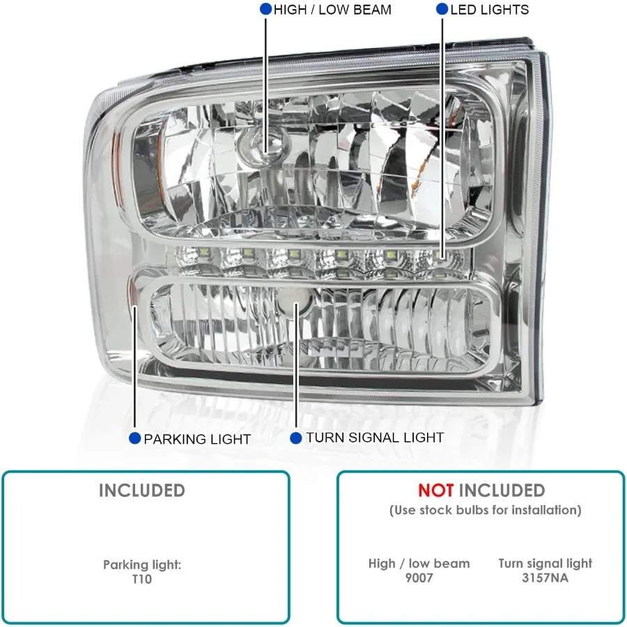 1 قطعة كروم واضح Led المصابيح الأمامية متوافقة مع 1999-2004 فورد F250 F350 F450 سوبر ديوتي 2000-2004 فورد رحلة L + R زوج رئيس