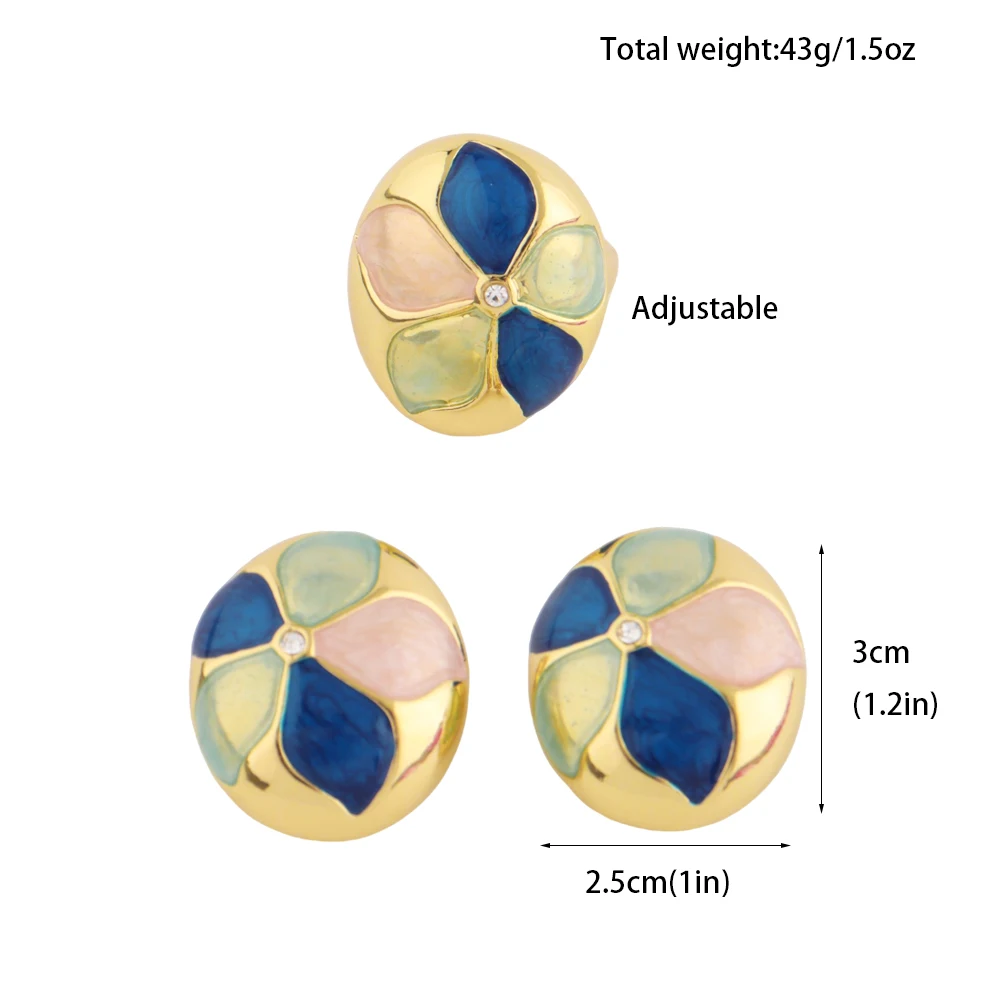 Farbiges Emaille-Ohrringe- und Ring-Set für Damen, modische Ohrringe und Ringe, Schmuckaccessoires, vergoldeter Ring, für festliche Anlässe, den Alltag und Partys. – Detail 1