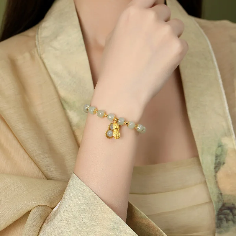 Natural Hetian Jade Peanut Bracelet Elegant Fashion Jewelry for Young Girls Sexy Ins Niche Design Popular Holiday Gift Idea