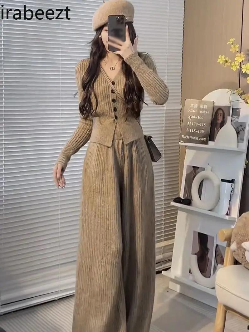 

2024 Autumn and Winter New Style Temperament Slim Leisure Suit Female V-neck Long-sleeved Top + Wide-leg Pants Two-piece Suit