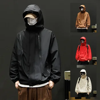 Japanese Windbreakers Men's Jacket Zipper Coat Cargo Waterproof Jackets Bomber Camping Loose Thin Softshell Hooded Hiking Jacket
