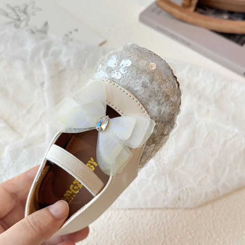 Brand Girls' Shoe 2026 Spring New Sequined Girl Leather Shoes Butterfly Princess Shoe Fashion Banquet Party Shoe Chaussure Fille
