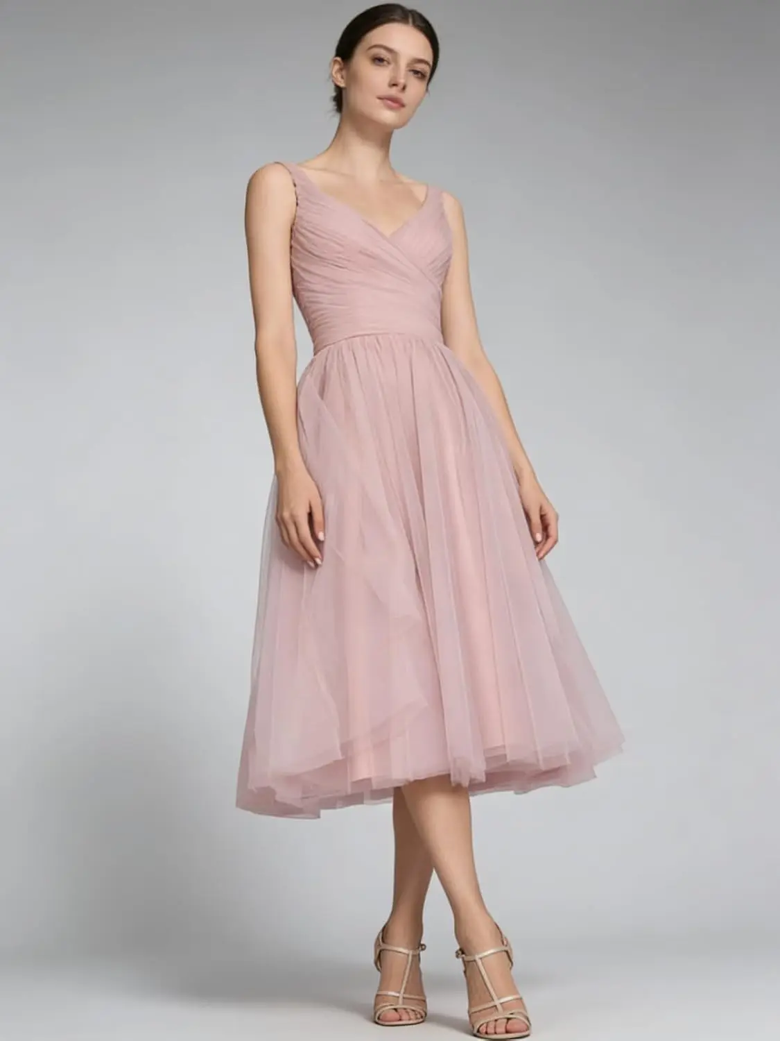 

Tea Length A-Line V Neck Formal Evening Party Gowns for Women Sleeveless Puffy Midi Tulle Cocktail Prom Dress Graduation Dress