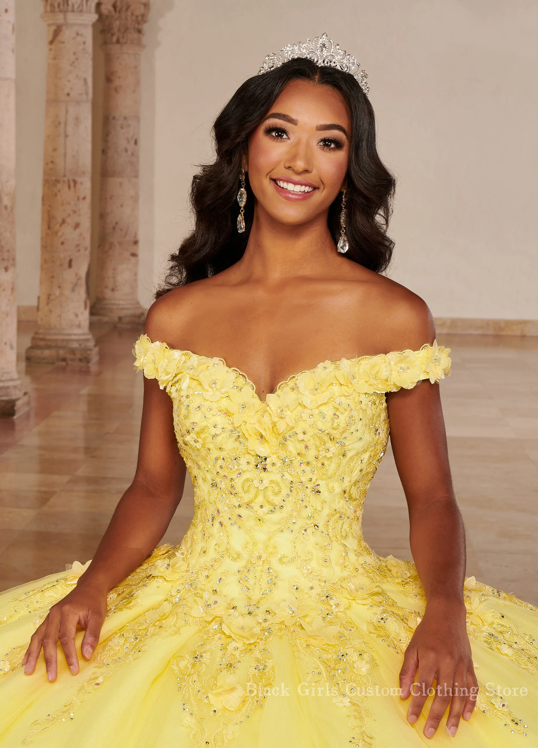 Bright Yellow Princess Quinceanera Dresses 2024 Gorgeous One Shoulder 3D Applique Corset 15 Years Mexico Ball Gowns vestidos