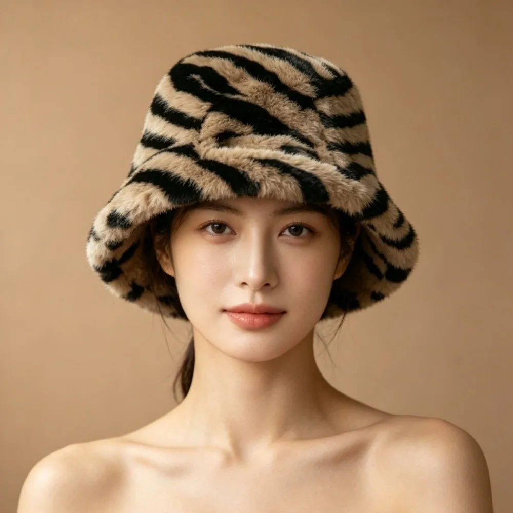 Warm Zebra Pattern Winter Bucket Hat Faux Fur Fluffy Bonnet Cap Soft Thickened Striped Fisherman Hat