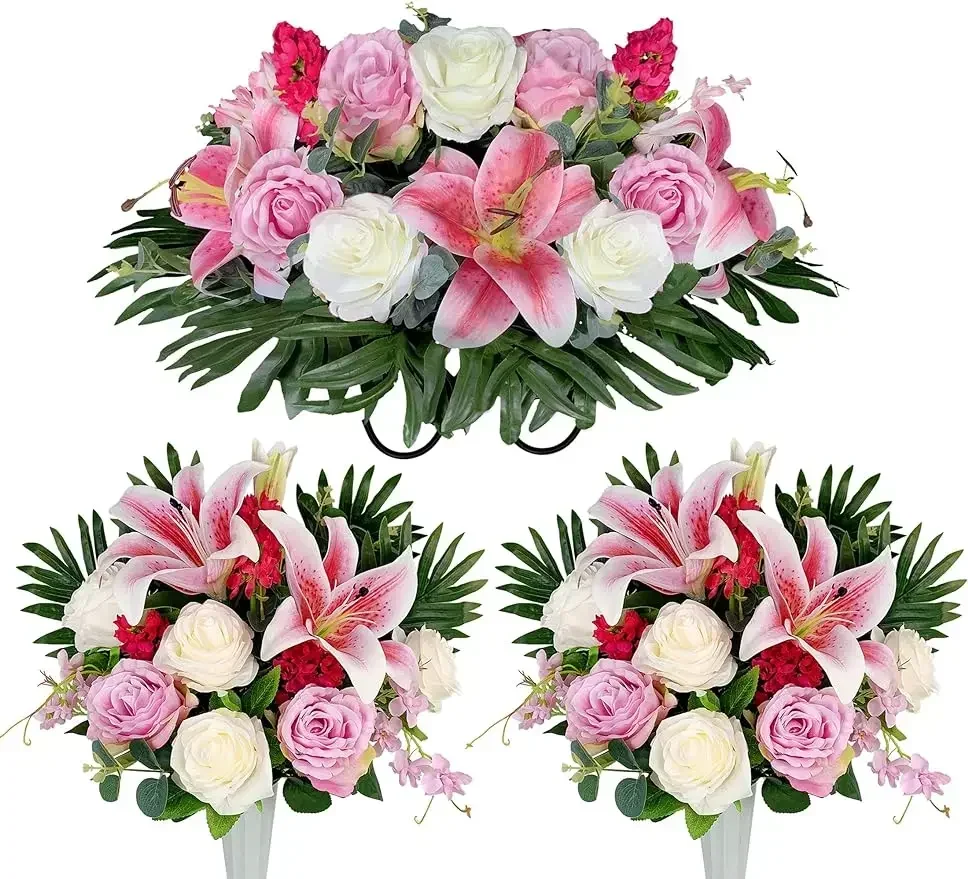 Cemetery Saddle Flower and Bouquets with Vases,Tombstone Floral Memorial Arrangement - Pink Lily and Rose,Graveside