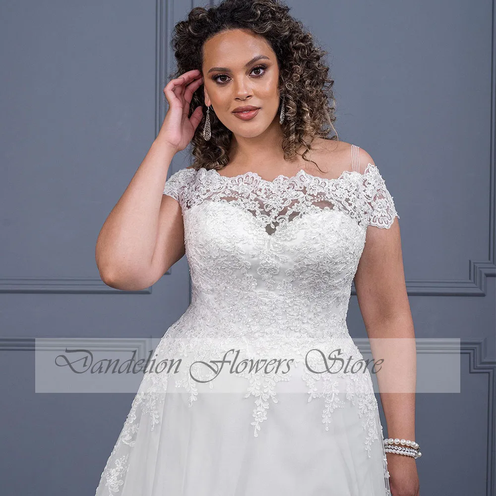 Elegante Trouwjurken Plus Size Boothals Off The Shoulder Lace Applique Bruid Jurken Tulle A-lijn Sweep Trein Vestido De noiva