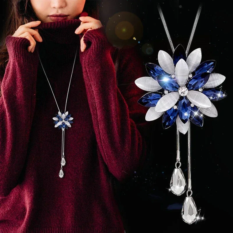 Statement Maxi Opal Crystal Snowflake Long Necklaces & Pendants for Women Jewelry Collier Femme Collar Accessories