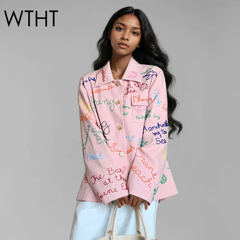 WTHT 2025 moda de primavera chaqueta vaquera con letras coloridas empalmadas para mujer nuevo abrigo de manga larga con cuello vuelto para mujer 1LS668