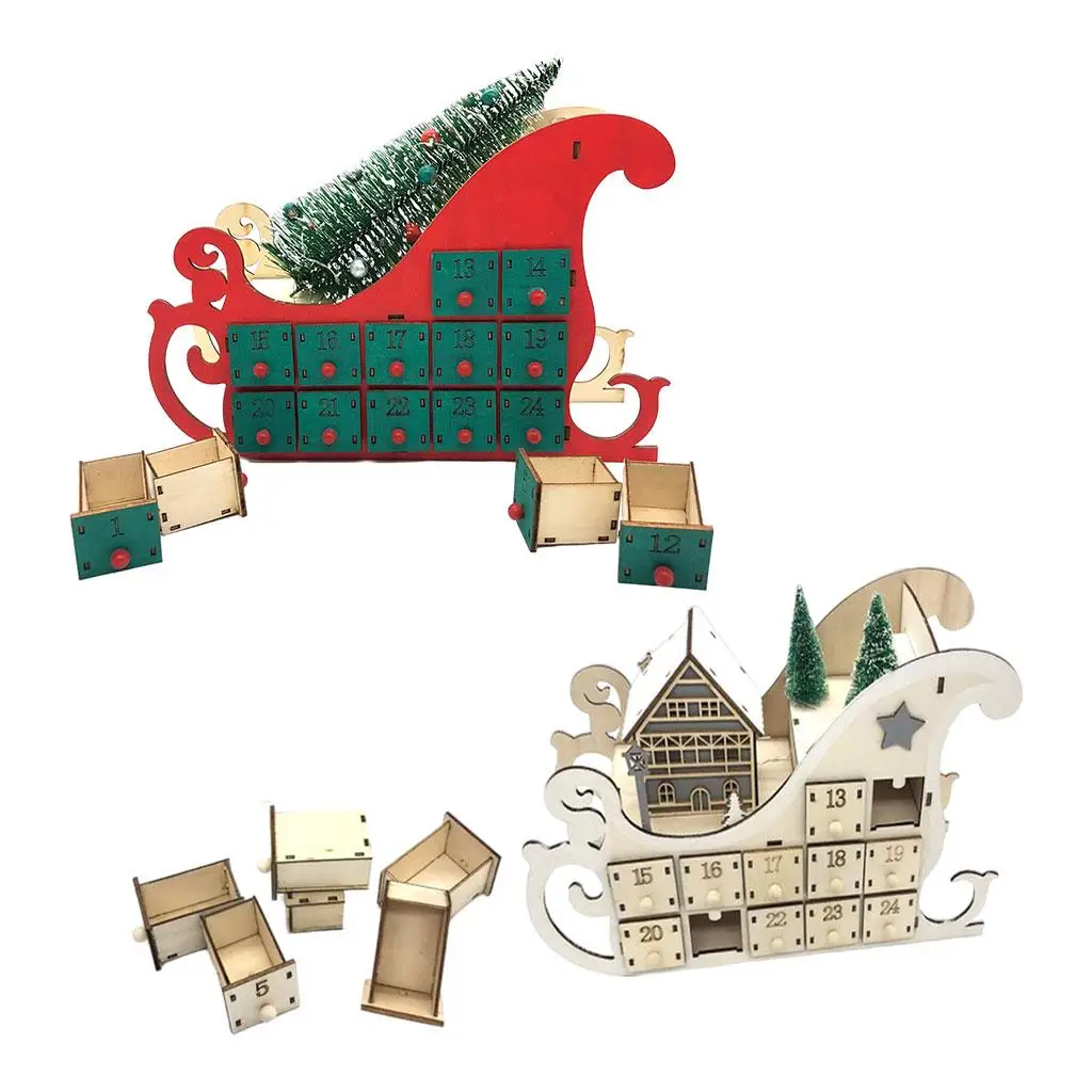 

Wooden Advent Calendar with Drawers, 24 Day Cute , Christmas Sleigh Tree Shaped Decoration for Home