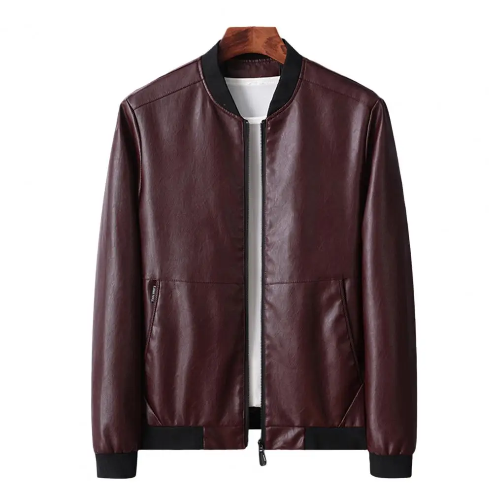 Men Jacket Faux Leather Zipper Cardigan Long Sleeves Windproof Smooth Surface Plus Size Men Spring Coat For Daily Wear