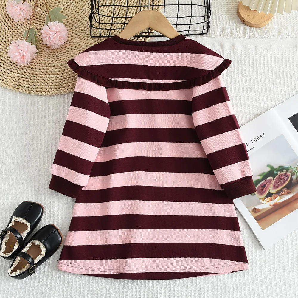 Girls'Clothing Christmas New Year Children's Dress Wine Red Striped Ruffled Collar Long Sleeved Party Dress Christmas Gift Dress