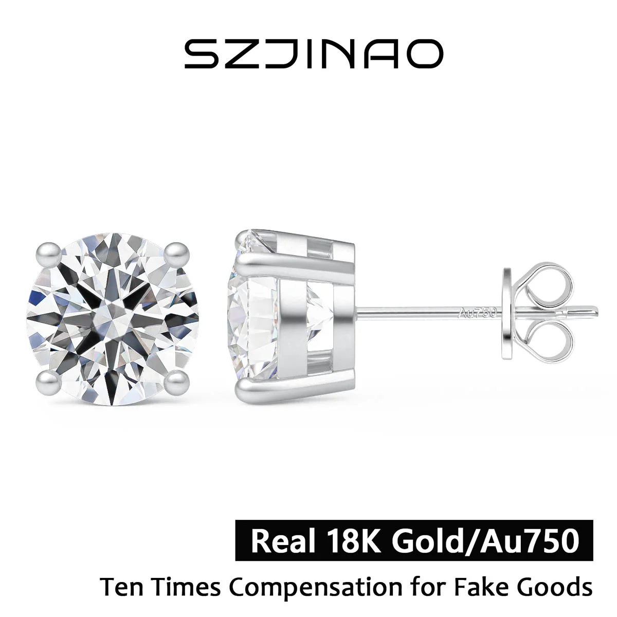 18K White Gold Moissanite Wedding Earrings for Women Real Au750 GRA-Created Moissanite Diamond Stud Lightweight design Jewelry