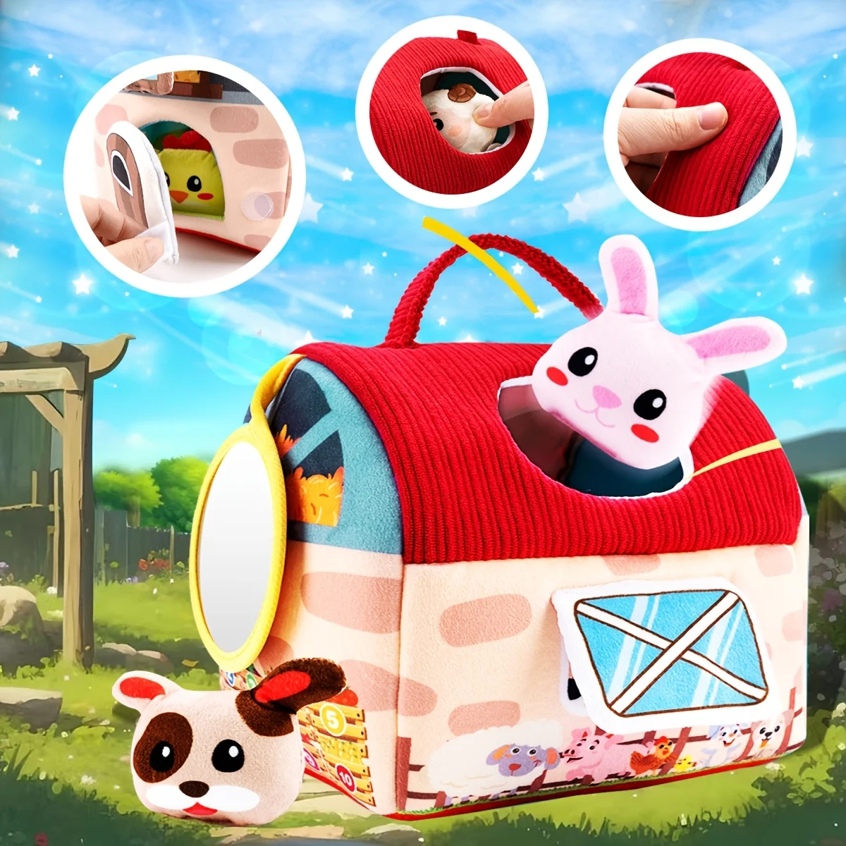 Child Toys 6-12 Months - Surprise Barn with Farm Animals, Rattle, Crinkle Paper and Mirror Toys for Kids, Ideal Christmas Gifts