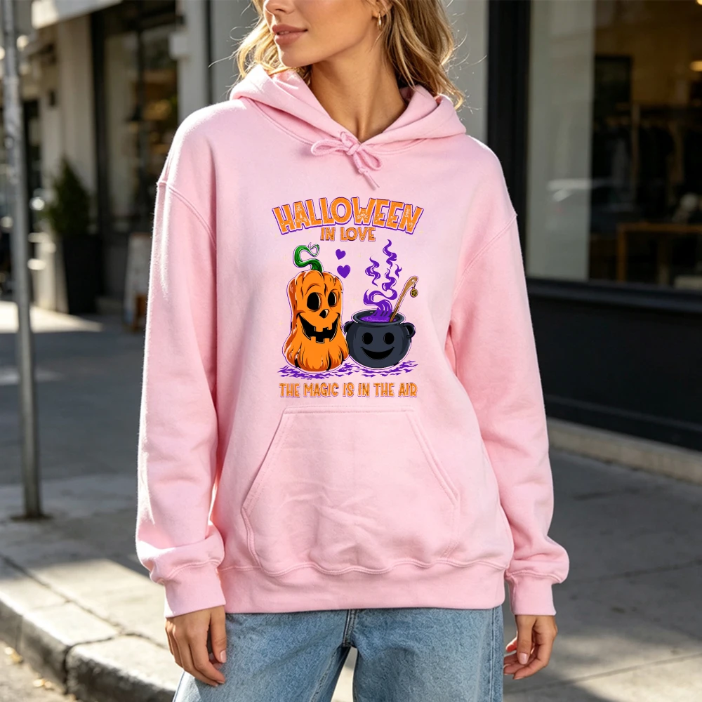 Halloween in Love Pumpkin Cauldron Printed Women Pink Hoodie Spooky Magic Graphic Sweatshirt Autumn Loose Pocket Outfits Clothes