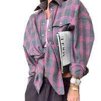 Women Shirt Coats Turn Down Collar Print Plaid Full Sleeve Single Breasted Loose Casual Elegant Splice Blouses Autumn Shirts