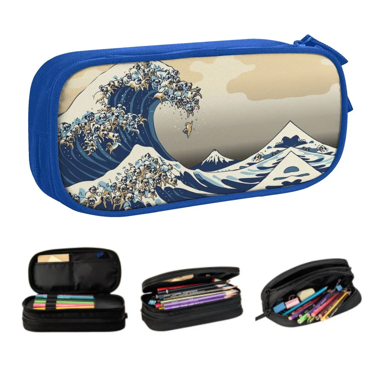 Custom The Great Wave Off Kanagawa Pugs Pencil Cases for Boy Girl Large Storage Katsushika Hokusai Pen Bag Box School Supplies