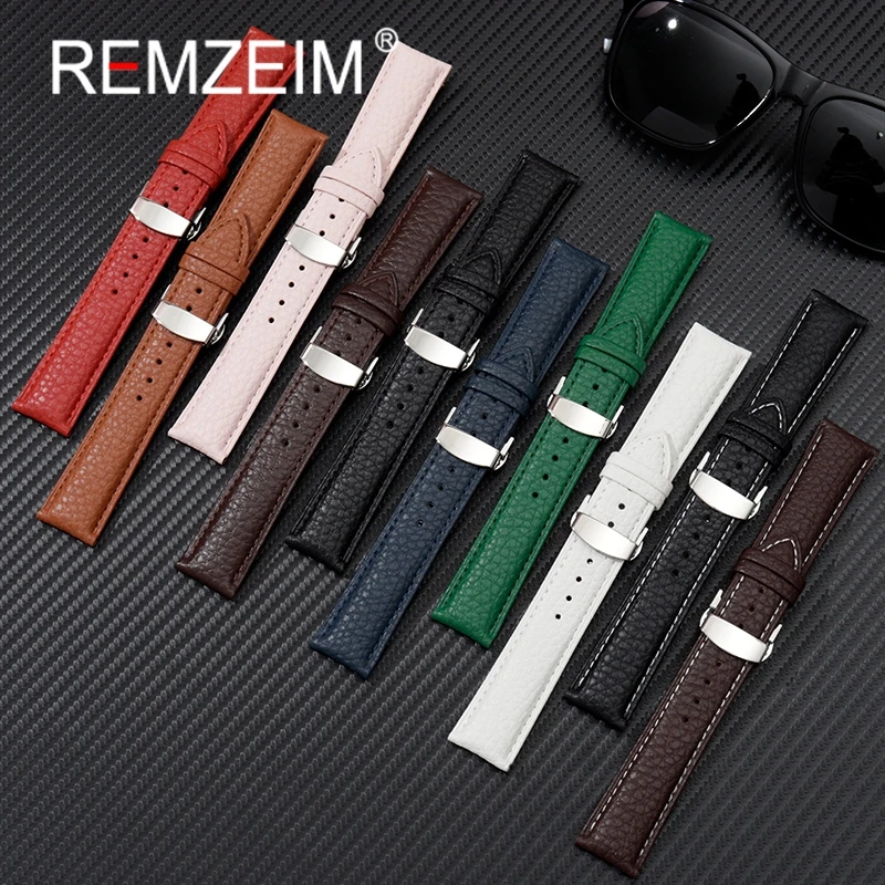 Litchi patterned Genuine Calfskin Leather Watchband 18mm 20mm 22mm Straps with Solid Automatic Butterfly Buckle Watch Band