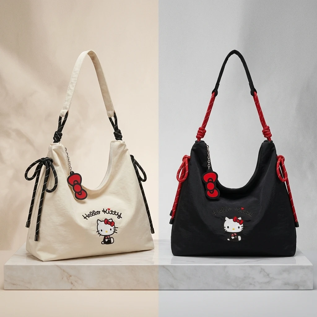 

Hello Kitty Knot Canvas Tote Bag 2025 Summer Shoulder Handbag Embroidered Large Capacity Commuter Cute Kawaii Reusable Gift