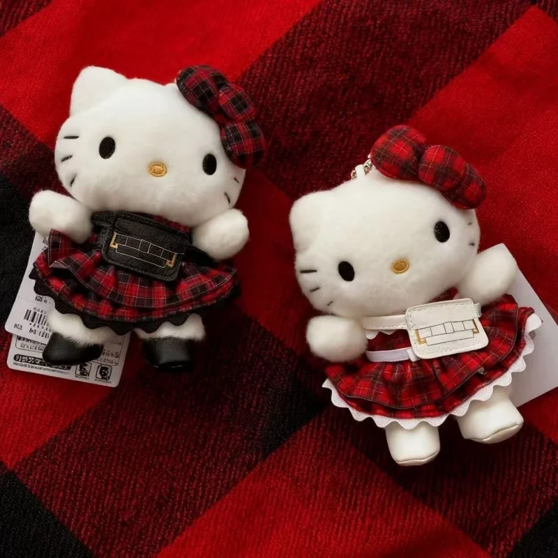 산리오 크리스마스 타탄 스커트 헬로키티 봉제 인형 키체인 귀여운 만화 체크무늬 키티 봉제 인형 펜던트 크리스마스 선물
