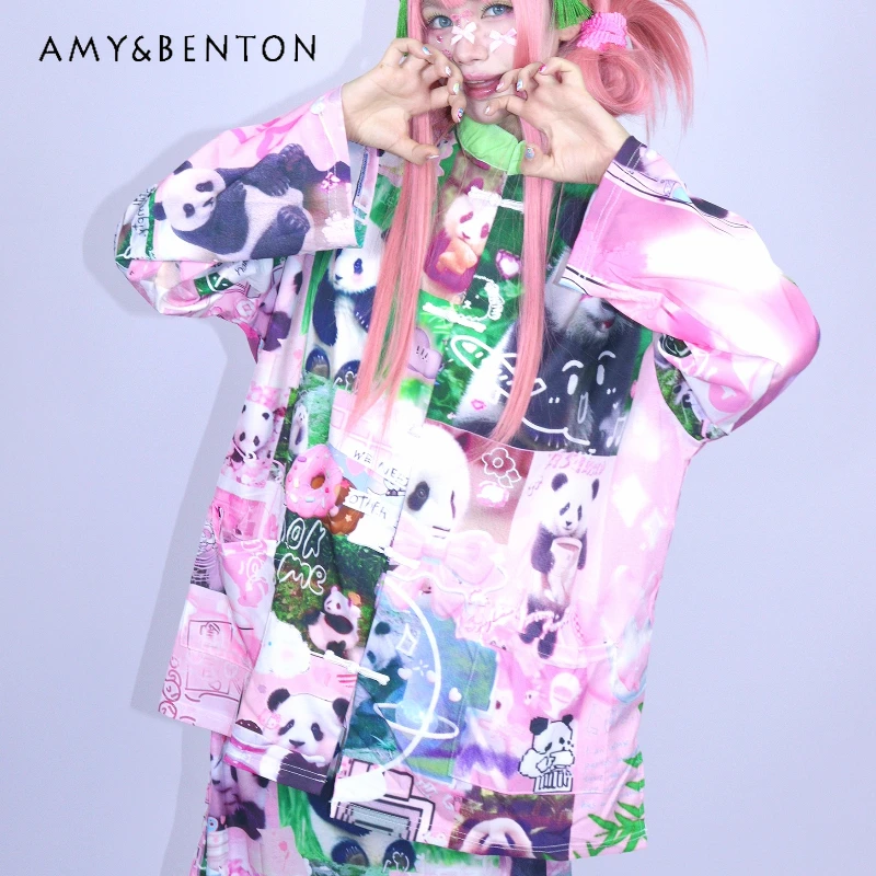 

Original Design Y2K Animal Collage Print Stand Collar Women's Long Sleeve Top Autumn New National Button Chinese Shirt Ladies