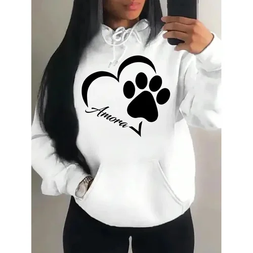 Imagen 2 del producto Sudadera con capucha con estampado creativo de pie de amor y pequeño para mujer, sudadera de moda de otoño, Sudadera con capucha con bolsillo, Jersey cómodo de estilo deportivo