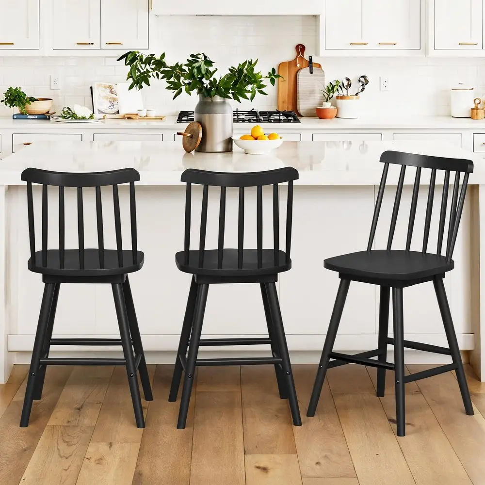 

360 Swivel Bar Stools Set of 3, Black Windsor Barstools, Counter Height Barstool with Spindle Back, 24 inch Farmhouse Wooden Co