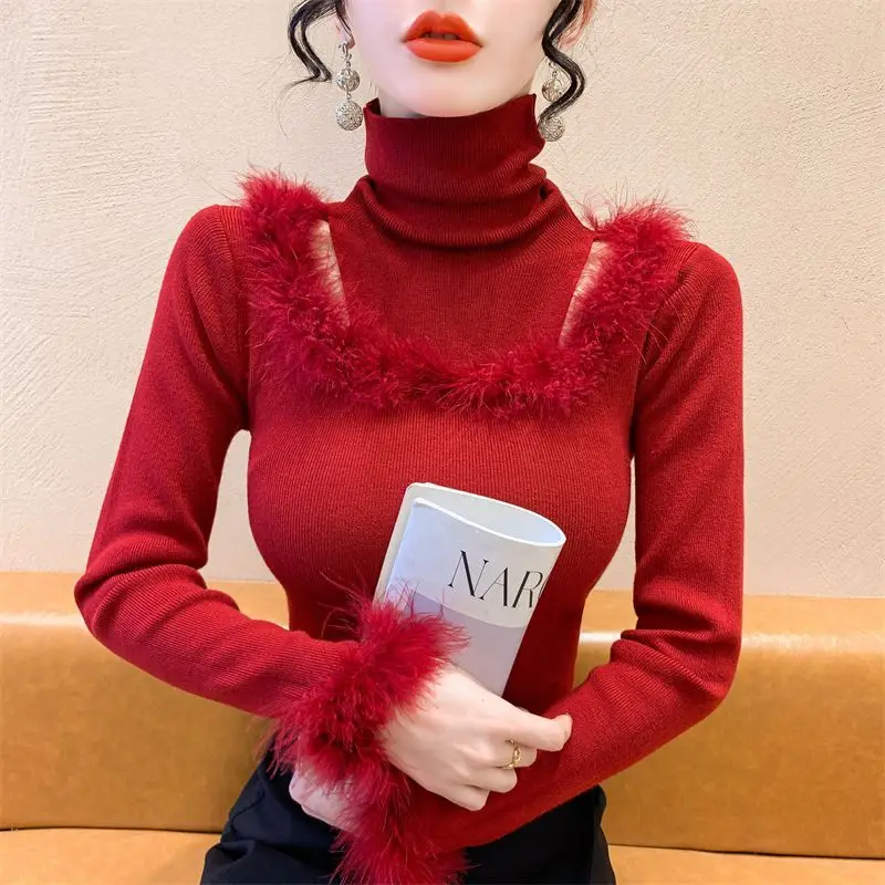 Hollow Out Splicing Fur Autumn and Winter High Neck 2023 Slim Fit Long Sleeved Base New Winter Pure Desire Internet Famous Top