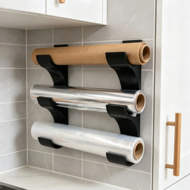 Dreischichtiges Wandmontage-Aufbewahrungsregal für Plastikfolie & Backpapier, Multifunktionaler Rollenhalter für Küchenschranktüren, Backstudios und Catering – Detail 2