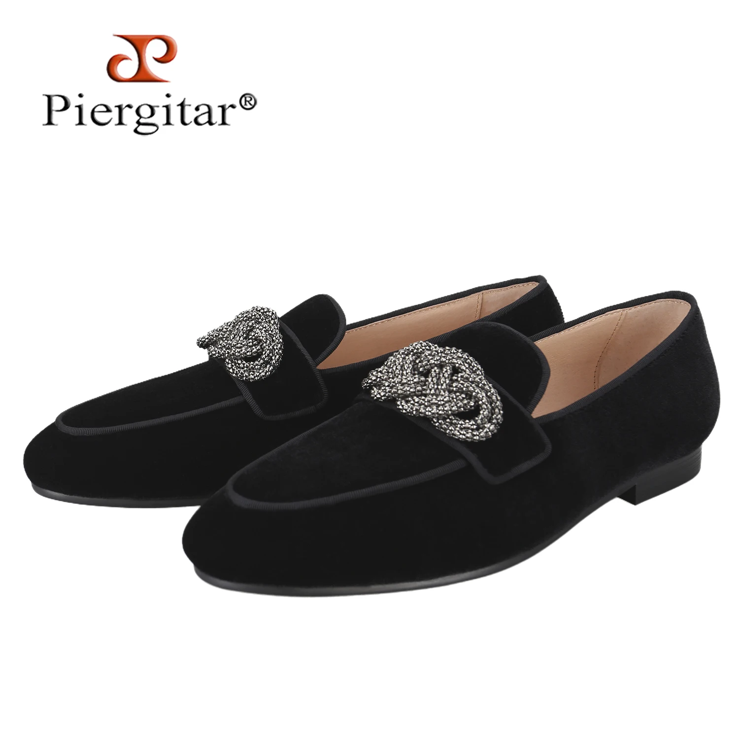 Piergitar Black And Navy Velvet Men's Loafers With Customize Gun Color Cross Metal Buckles For Fashion Party And Prom Wear