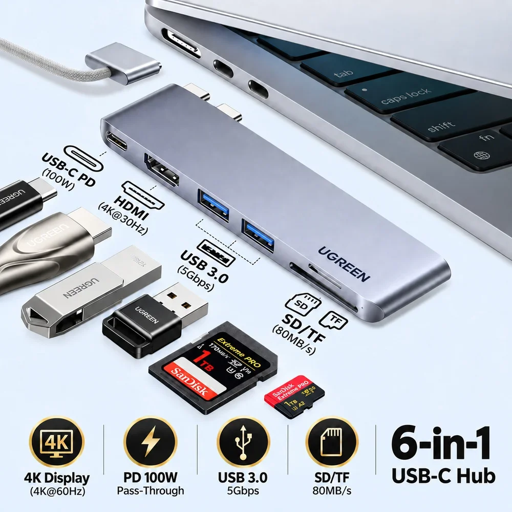 UGREEN CM380 80856 6-in-1 USB-C Hub for MacBook Pro/Air, 4K 60Hz USB-C Display, 4K 30Hz HDMI, 2 USB 3.0, SD/TF, 100W PD