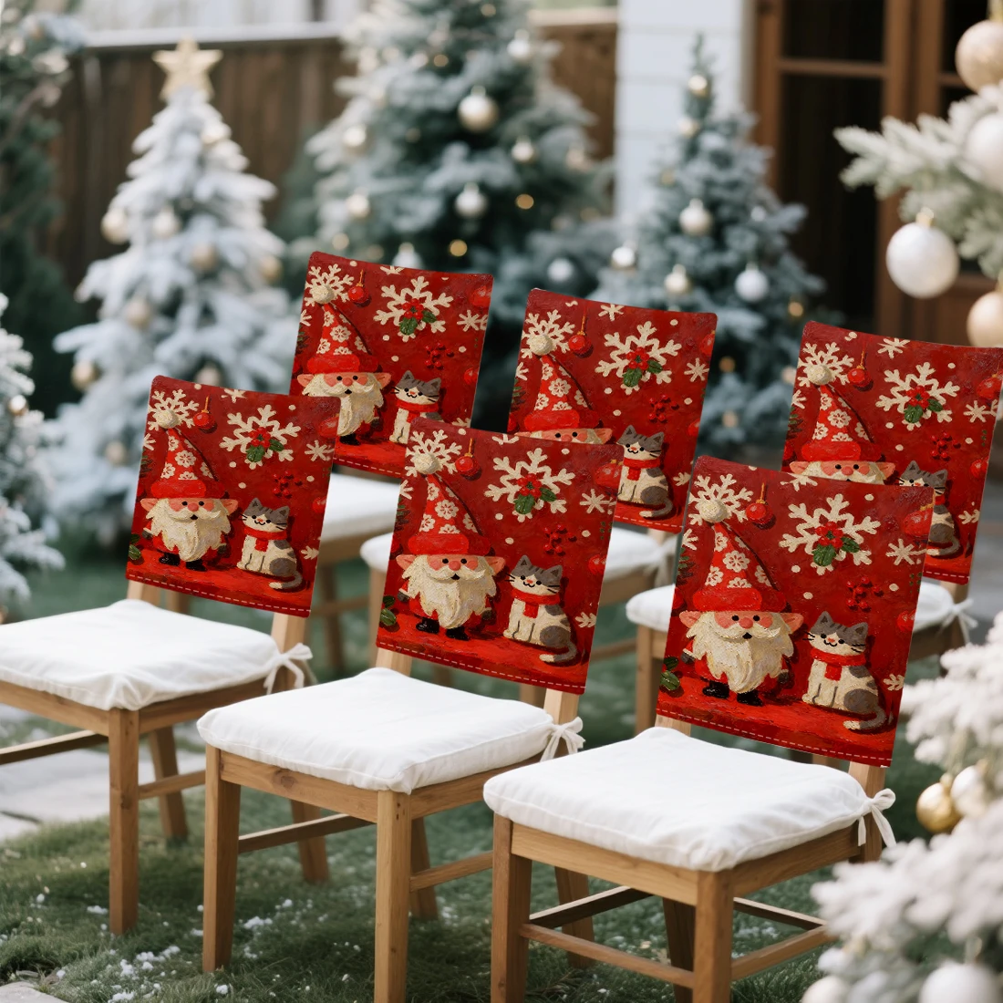 Retro Christmas Dwarf Cat Chair Cover Slipcovers Set of 2/4/6 100% Polyester Dining Room Office Banquet Chair Protective Cover