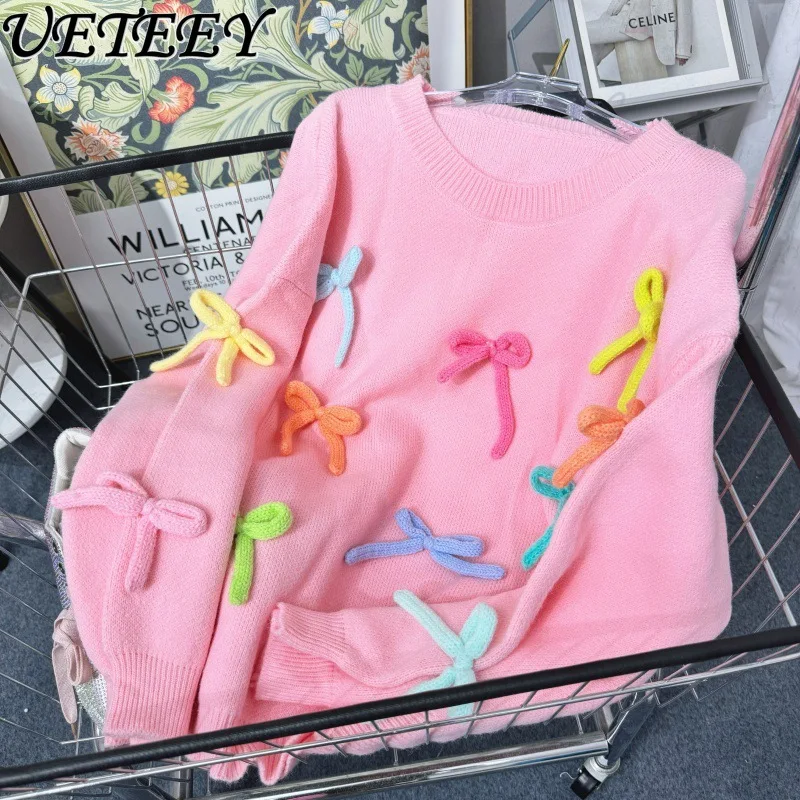 Large Size Sweater Women Autumn and Winter New Loose Bow Knitted Sweatshirt Jumper Women Korean Fashion Sweet Pink Sweater Coat