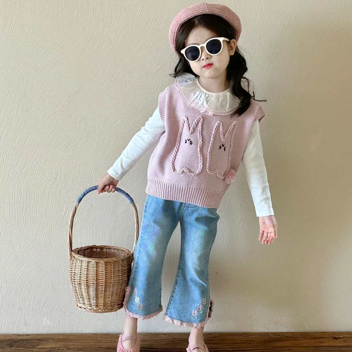 Girl Vest Autumn New 2024 Cartoon Sleeveless Flip Collar Bottom Layer Shirt Cowboy Bell-bottoms Casual Fashion Sweet Korean Cute