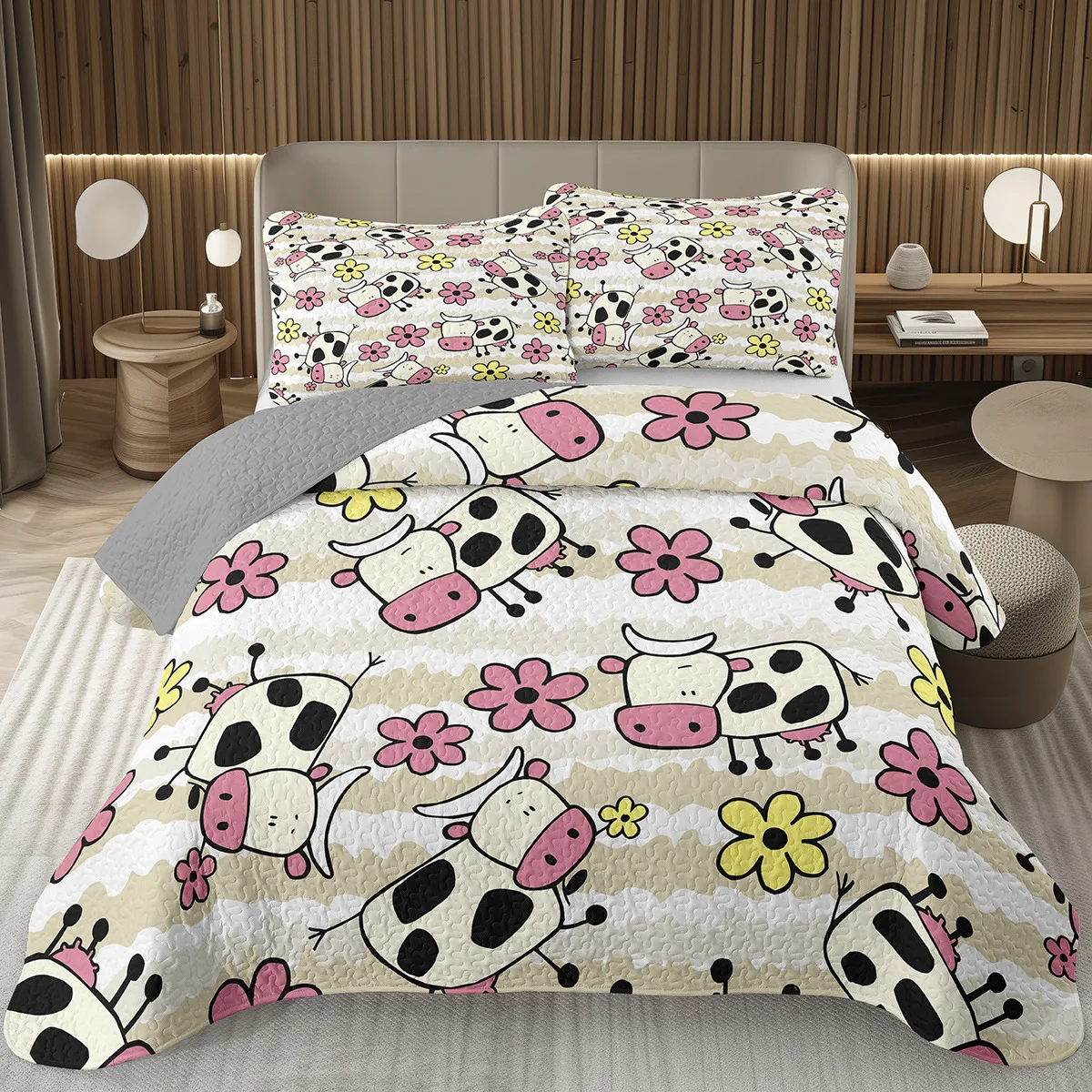 

Kawaii Milk Cow Bedspread Twin/Full/Queen/King Farmhouse Animal Coverlet Cartoon Bedding Set Reversible Grey Quilted Bedspreads