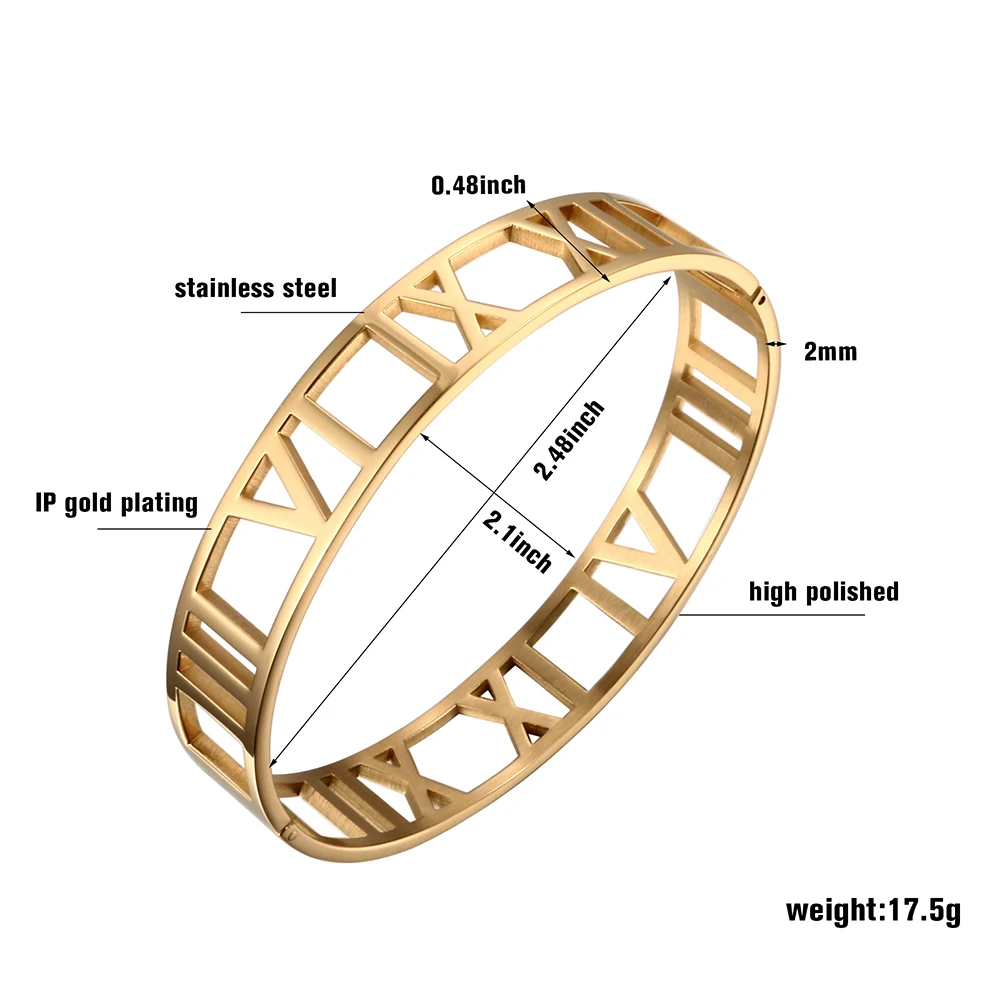 4mm/7mm/12mm Width Hollow Roman Numeral Bracelets Stainless Steel Waterproof Cuff Bangle For Women Men Fashion Jewelry