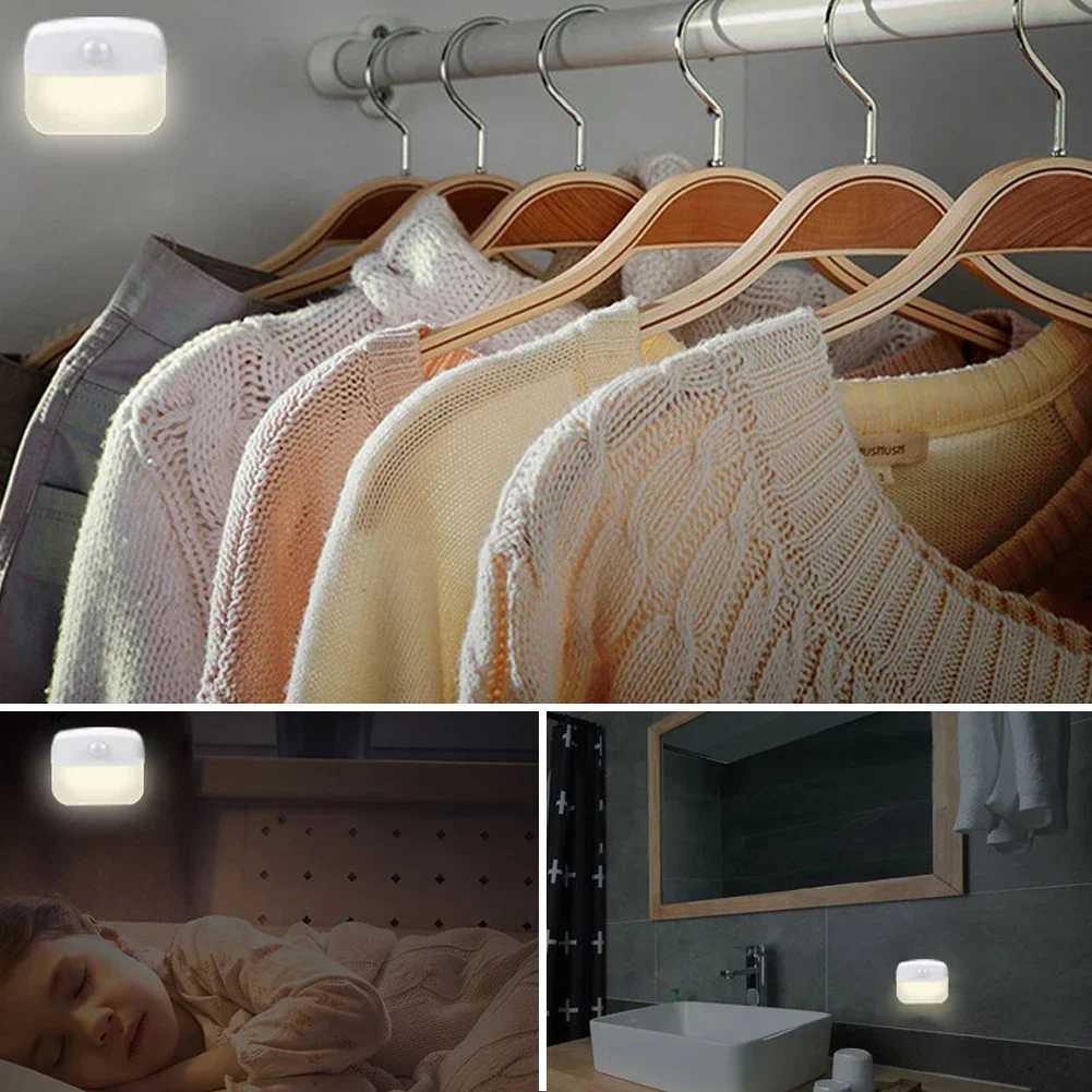 1-5pcs Stick-On Motion Sensor Night Light Battery Powered LED Lamp For Bedroom Bathroom Kitchen Hallway Stairs Closet Compact
