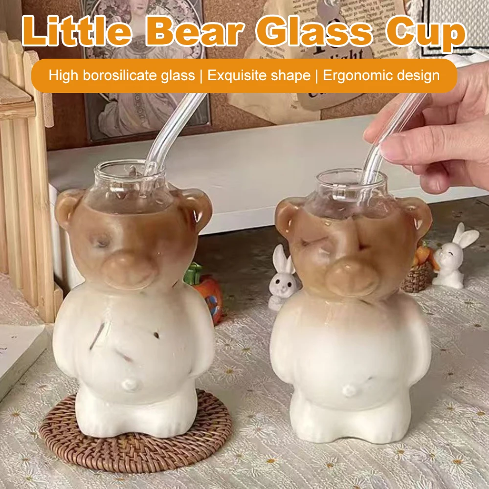 320ML Creative Bear Cup Transparent Coffee Mug with Straw Cocktail Wine Glass Cold Hot Drink Cup for Home Party Bar Restaurant