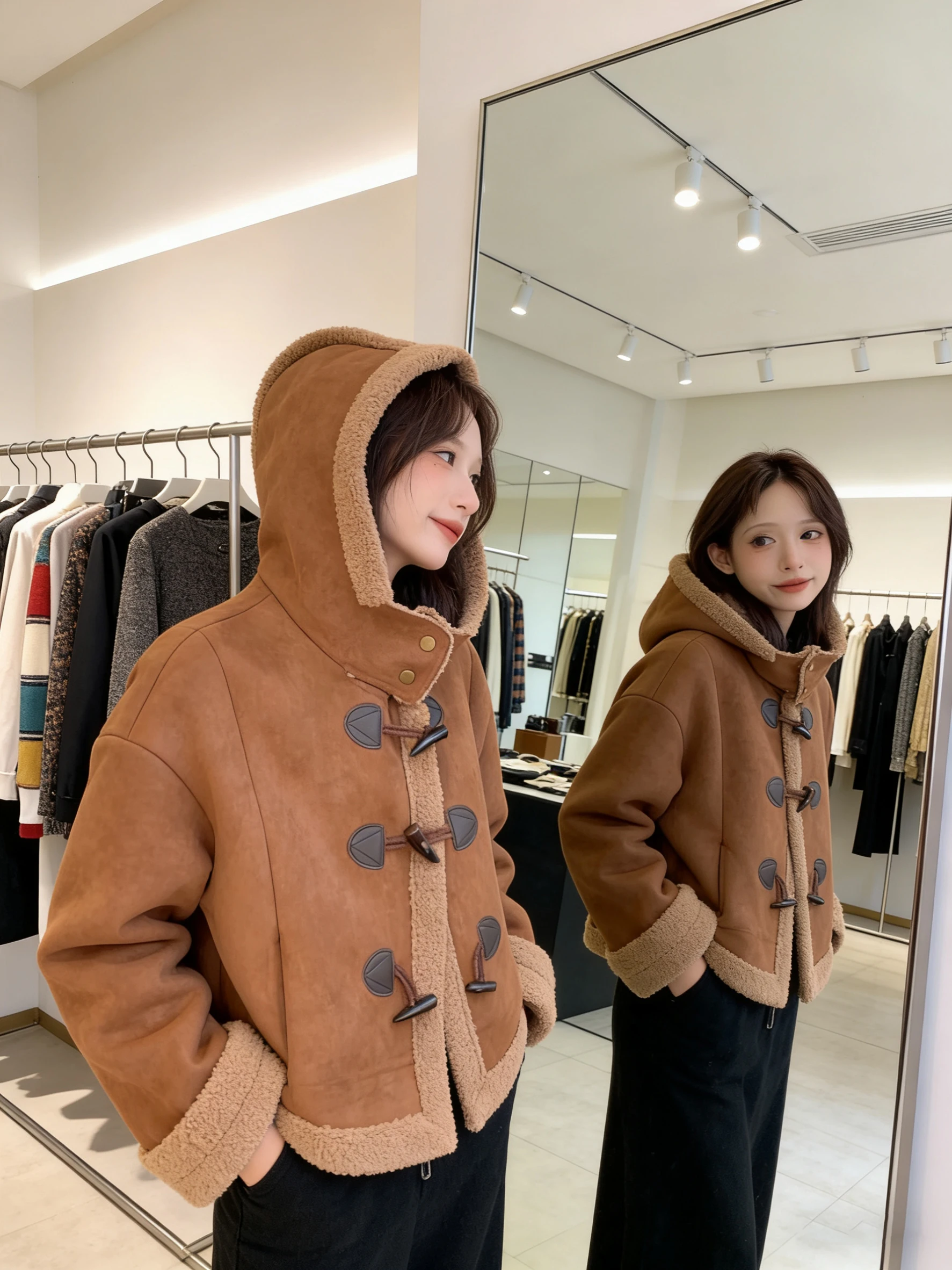 Casaco de inverno retrô de pele sintética de couro de cordeiro Jaet feminino premium ort Thi com capuz e fecho de botão longo cor sve