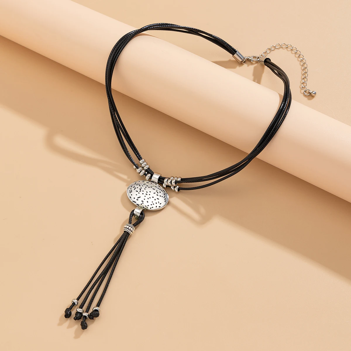 Lacteo Retro Leather Wax Necklace Women Round Silver Color Pendant Long Tassel Ethnic StyleThread Chain Neck Jewelry New Year