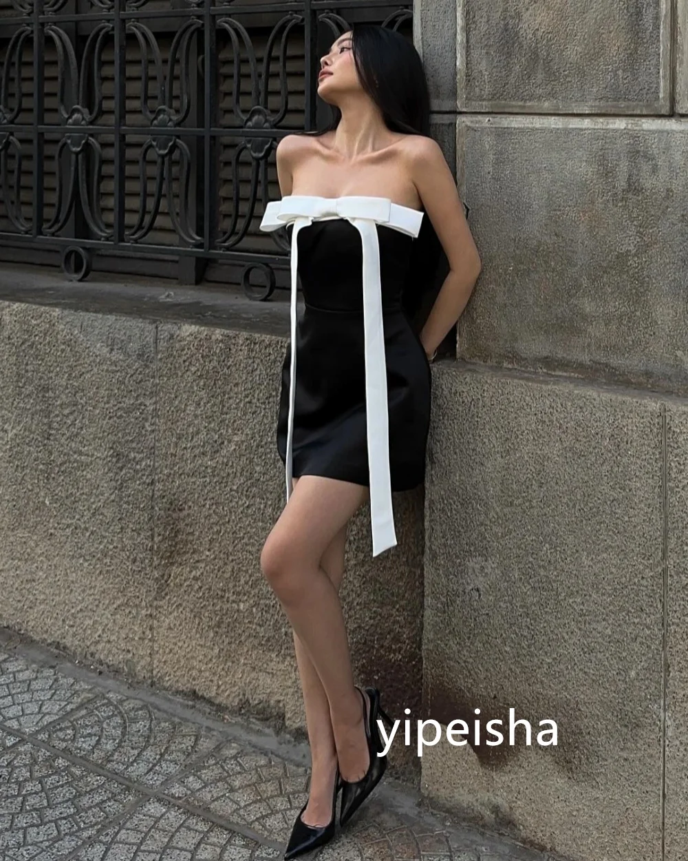 Vestido corto sin tirantes con lazo para mujer, traje de alta calidad, estilo clásico, exquisito y moderno, estilo chino, Unisex